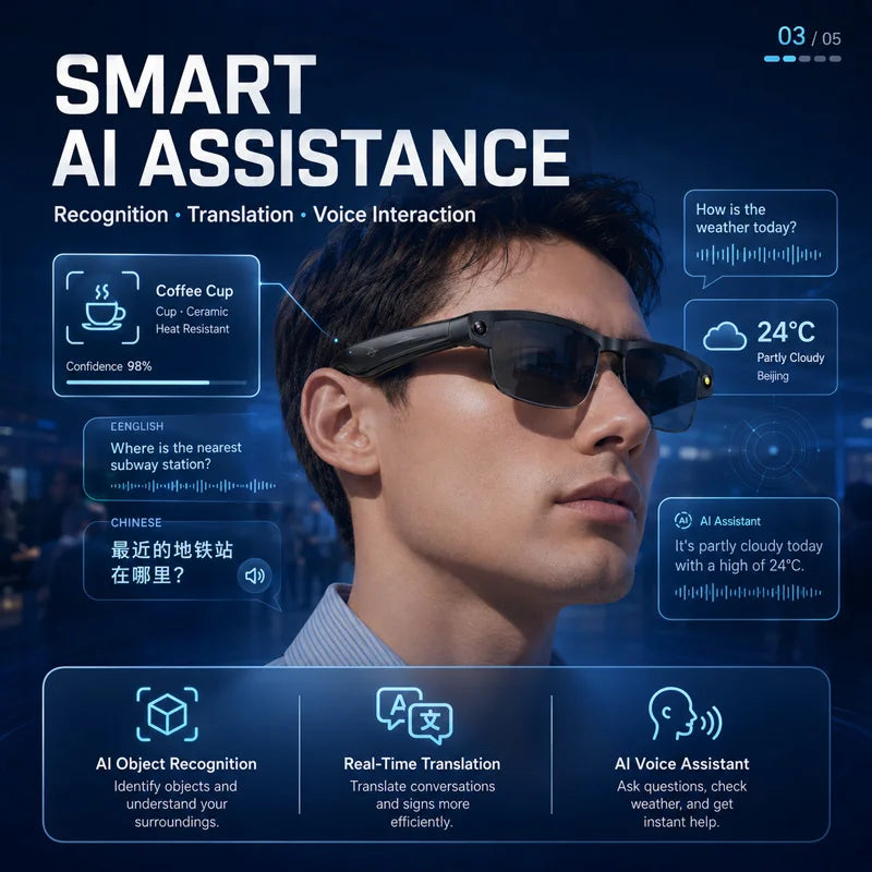 AI Smart Glasses Built-in HD Camera Dual Mic Noise Reduction WiFi Bluetooth Real-Time Transmission Object Recognition Glasses