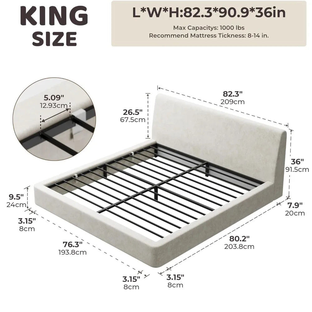 Cloud King Size Bed Frame with Ergonomic Angled Foam Cushioned Headboard, Minimalist Design Platform Bed Frame, Customized