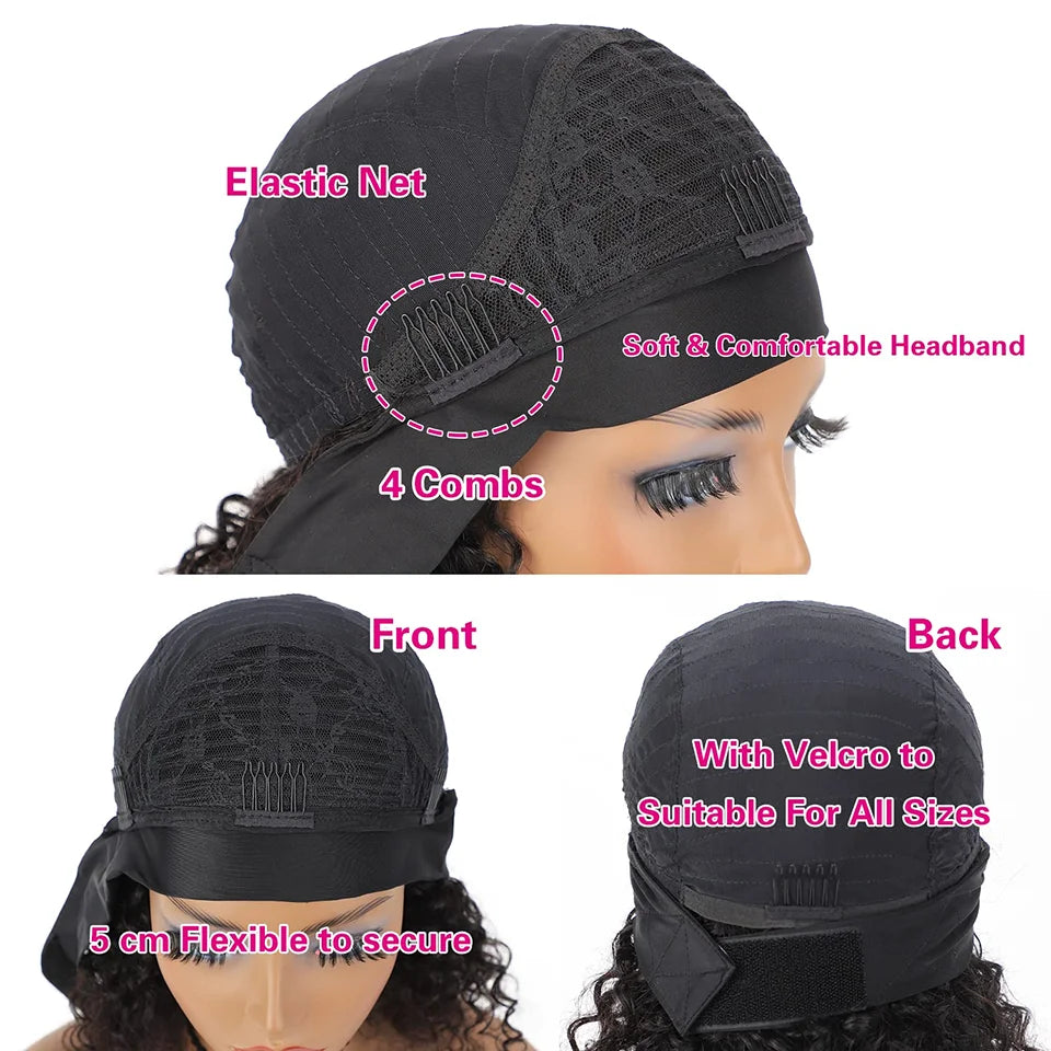 Headband Wig Human Hair Curly Wigs Brown Wear And Go Headband Wigs Glueless Wig With Elastic Band Pixie Cut Curly Human Wigs