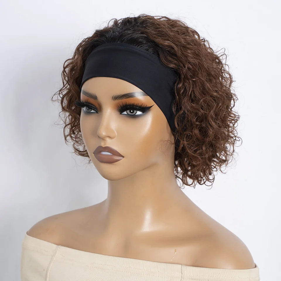 Headband Wig Human Hair Curly Wigs Brown Wear And Go Headband Wigs Glueless Wig With Elastic Band Pixie Cut Curly Human Wigs