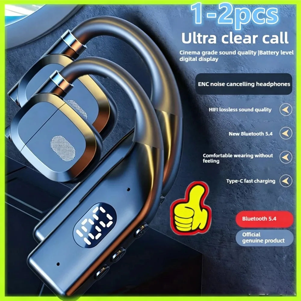1-2Earhooks Wireless Bluetooth 5.4 Headphones Gaming Sports Headset HiFi Stereo Noise Reduction Earbuds Earphone With Microphone
