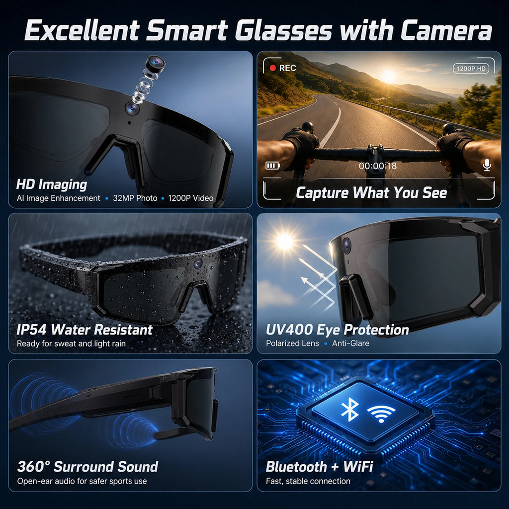 2026 AI Smart Glasses for Men Camera 1200P Video ChatGPT AI Assistant Voice Translation 32GB Storage Outdoor Cycling Sunglasses