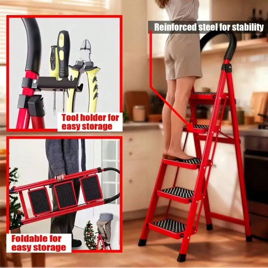 500lbs Load-Bearing Folding Step Ladder, Heavy-Duty Steel Portable Ladder With Anti-Slip Wide Treads, Convenient Handrails & Saf