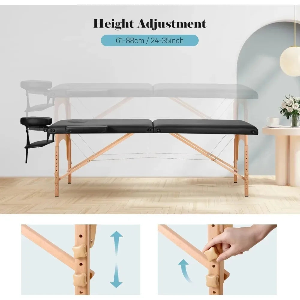 Portable Wooden Massage Table 24 Inch Wide Foldable Lash Bed Adjustable Height Beauty Spa Tattoo Face Cradle with Carrying