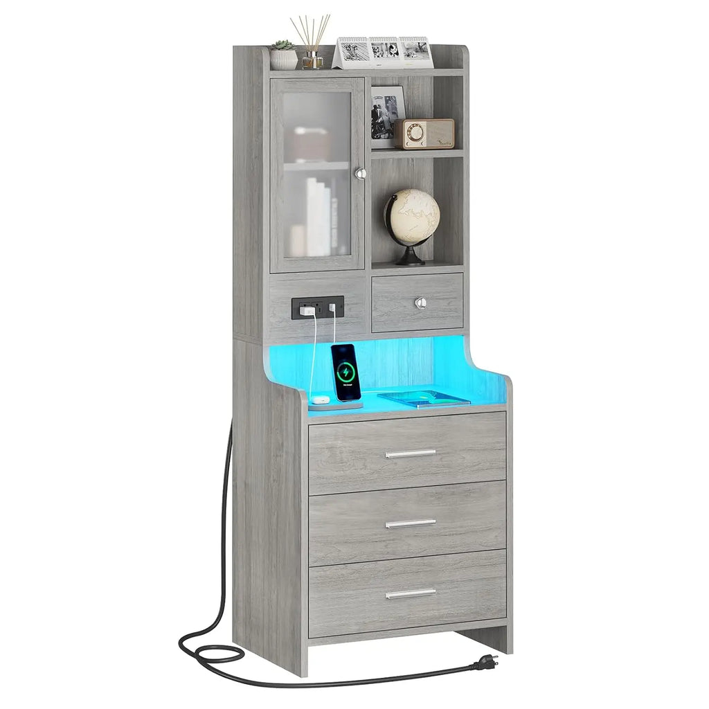 Grey Nightstand Set of 2 with Charging Station,49.2" LED Night Stand for Bedroom,Tall Bedside Table with Bookshelf, Customized