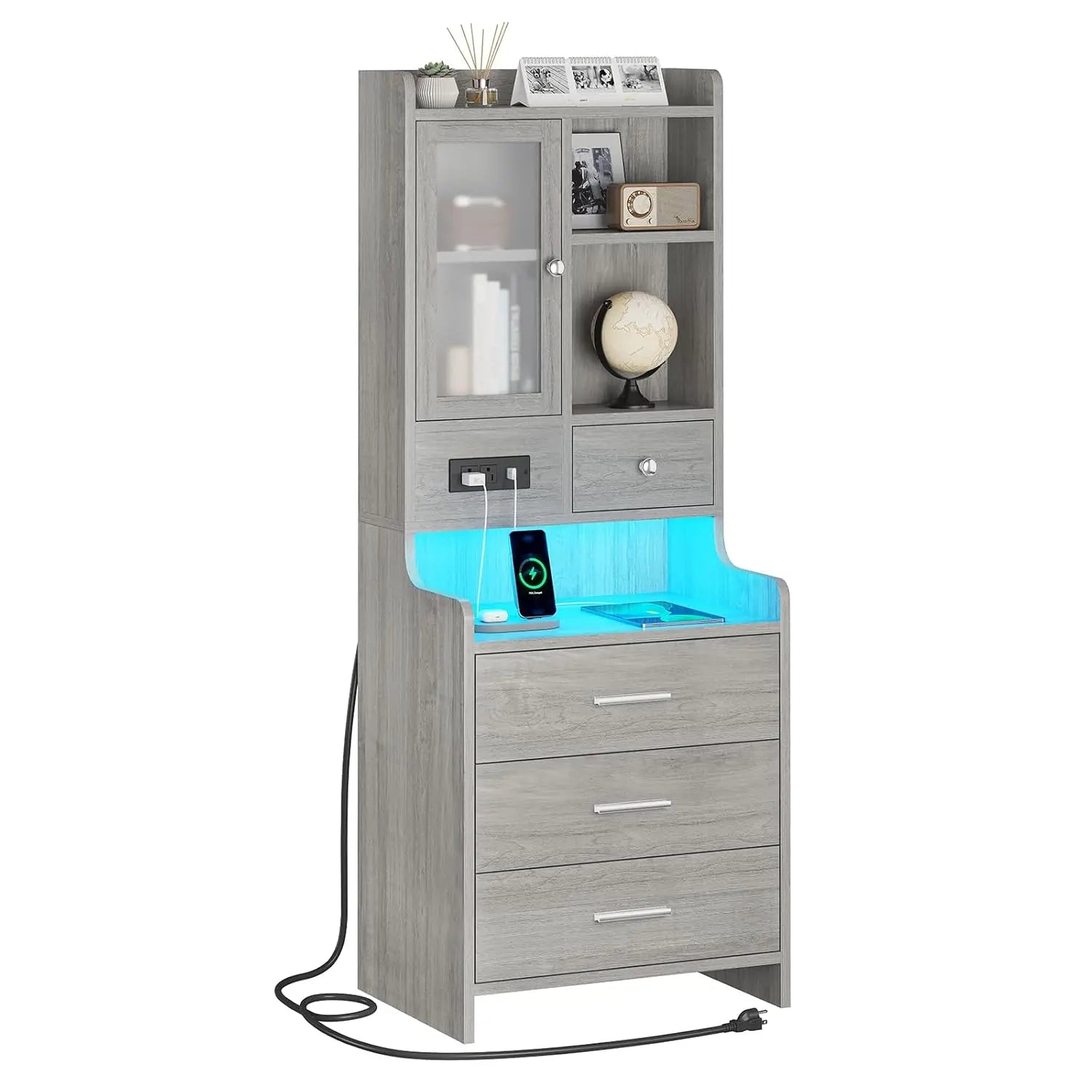 Grey Nightstand Set of 2 with Charging Station,49.2" LED Night Stand for Bedroom,Tall Bedside Table with Bookshelf, Customized