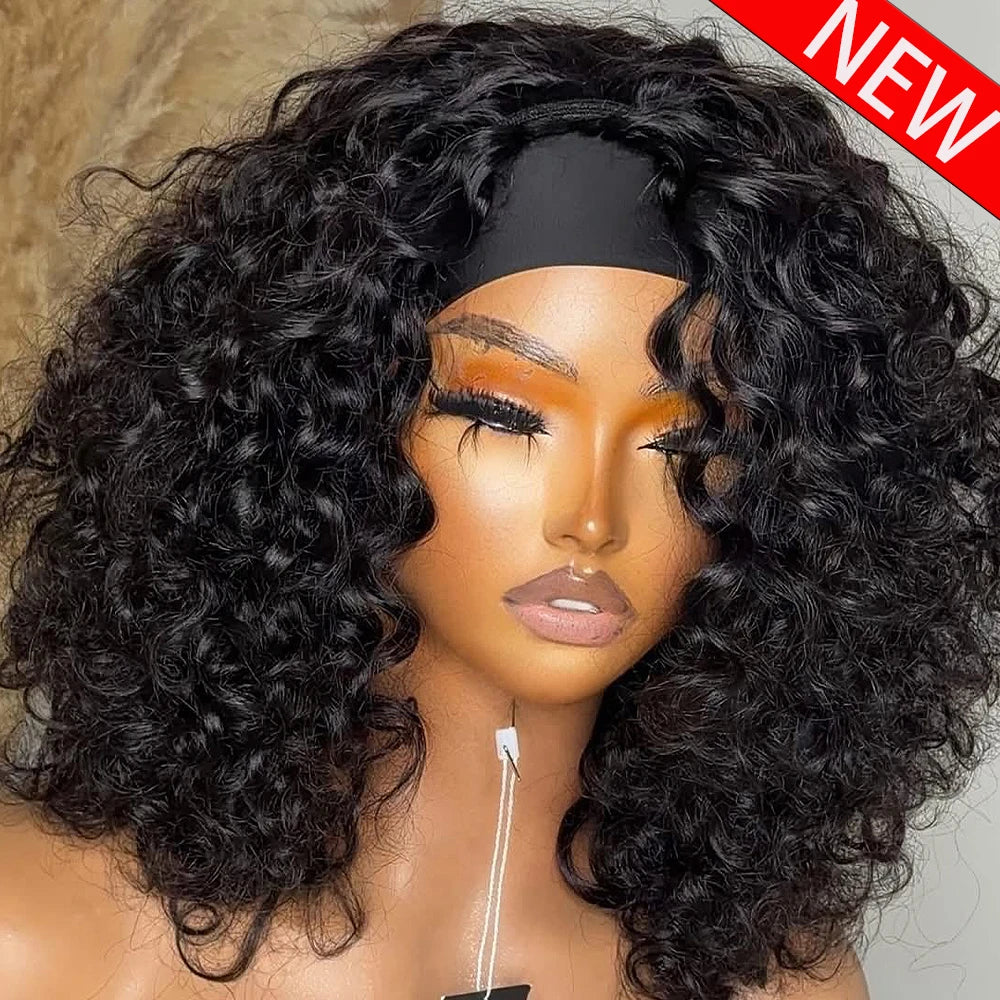 Headband Wig Human Hair Curly No Glueless Full Machine Made Wigs 400 Density 100% Human Hair Wigs For Women 10-18 Inch For Women