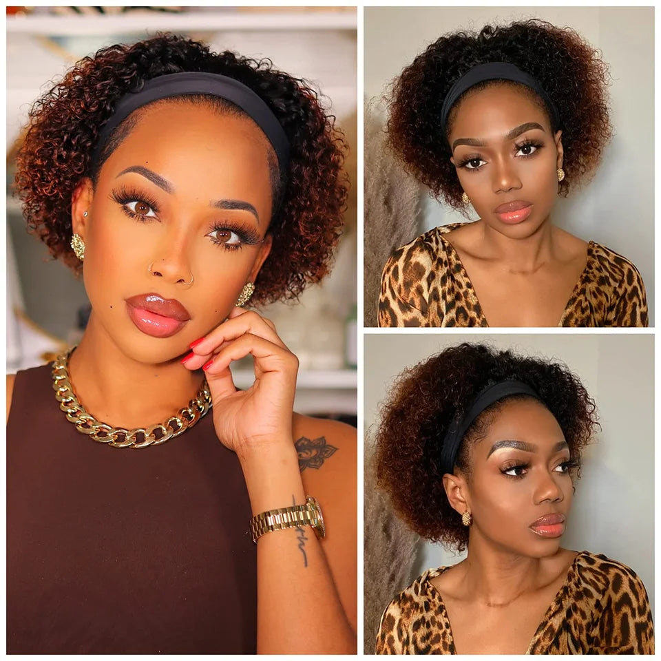 Headband Wig Human Hair Curly Wigs Brown Wear And Go Headband Wigs Glueless Wig With Elastic Band Pixie Cut Curly Human Wigs