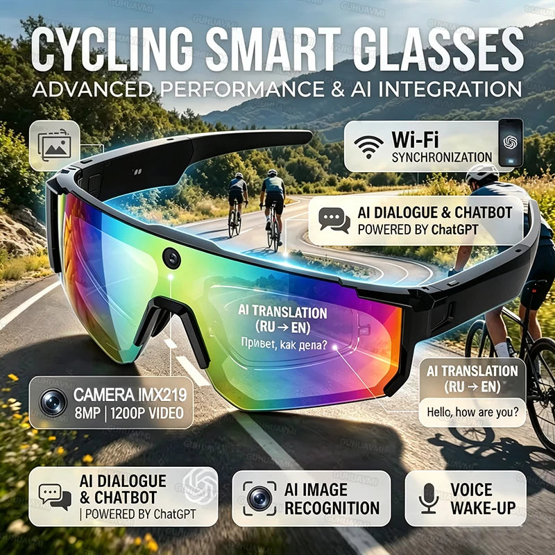 2026 New AI Smart Glasses 1080P Camera Anti-shake Cycling Ridi Sports glasses AI  Translation ChatGPT Dual Mic Windproof Goggles
