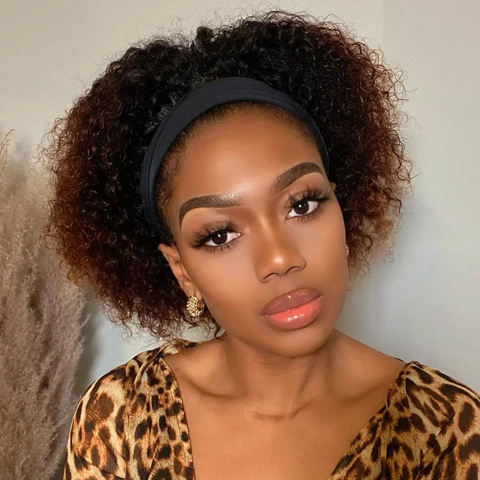 Headband Wig Human Hair Curly Wigs Brown Wear And Go Headband Wigs Glueless Wig With Elastic Band Pixie Cut Curly Human Wigs