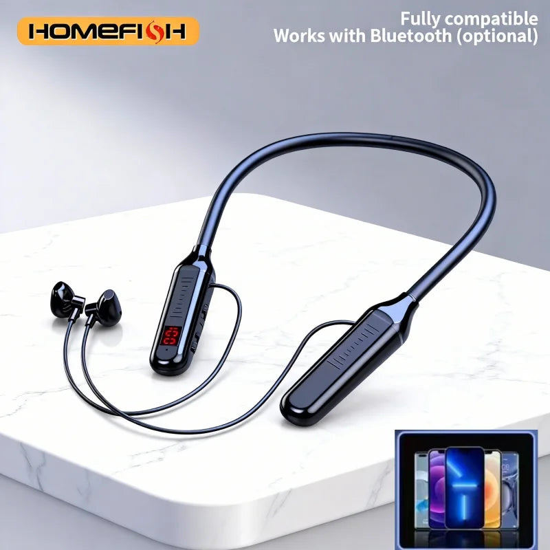 Wireless Bluetooth neckband headphones with digital display function, large-capacity semi-in-ear sports stereo headphones