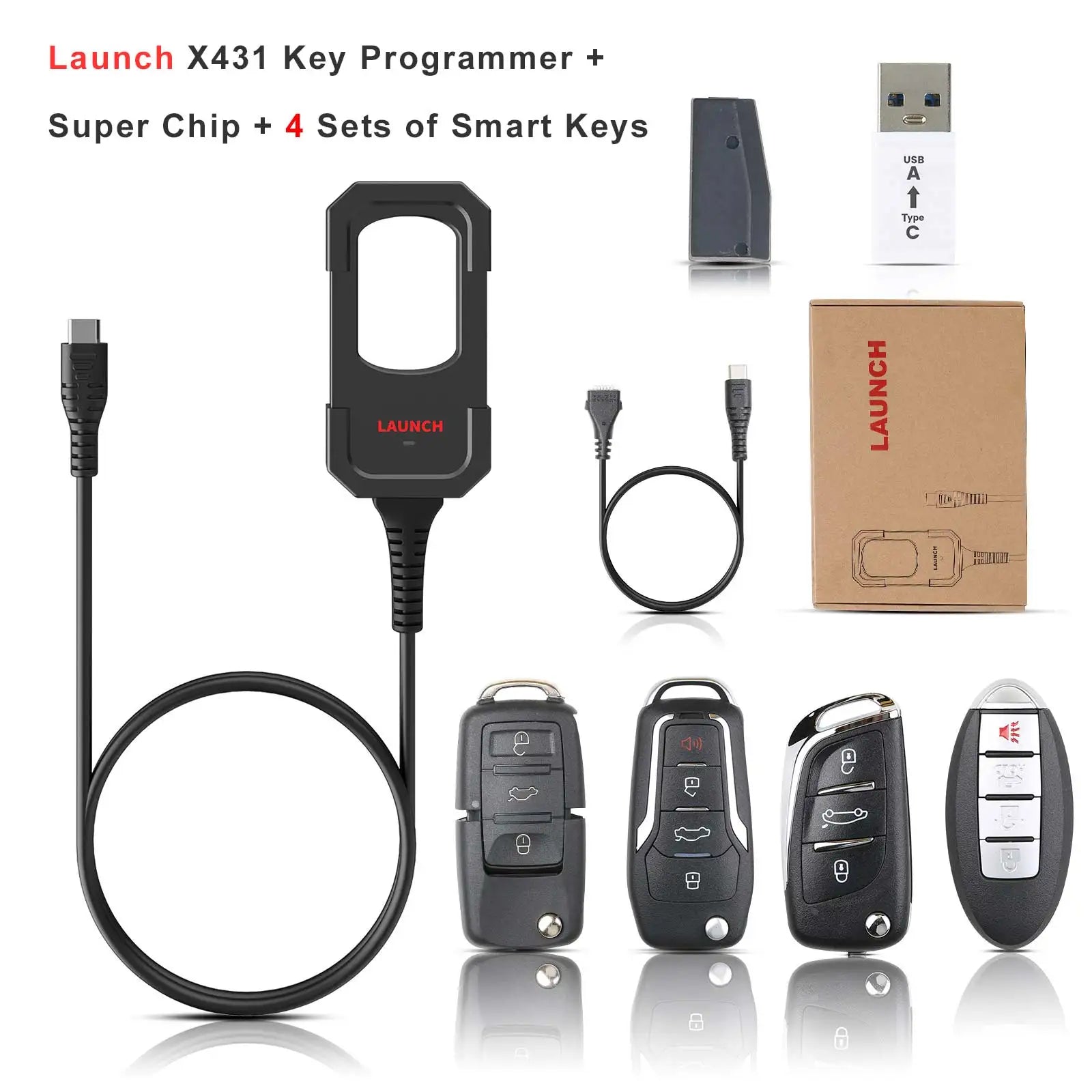 EU/US Version Launch X431 Key Programmer + 4 Smart Keys + Super Chip Full Set for Automotive Locksmith