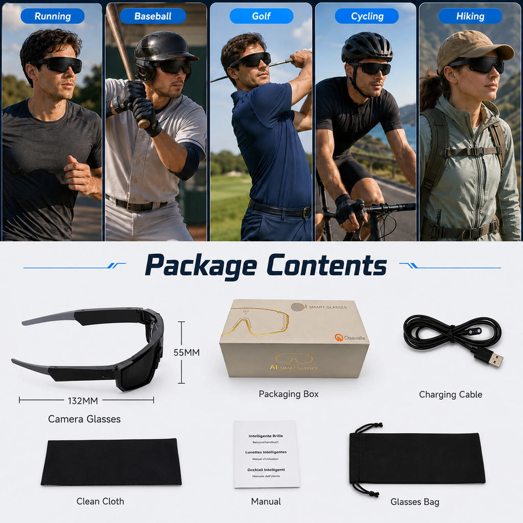 2026 AI Smart Glasses for Men Camera 1200P Video ChatGPT AI Assistant Voice Translation 32GB Storage Outdoor Cycling Sunglasses