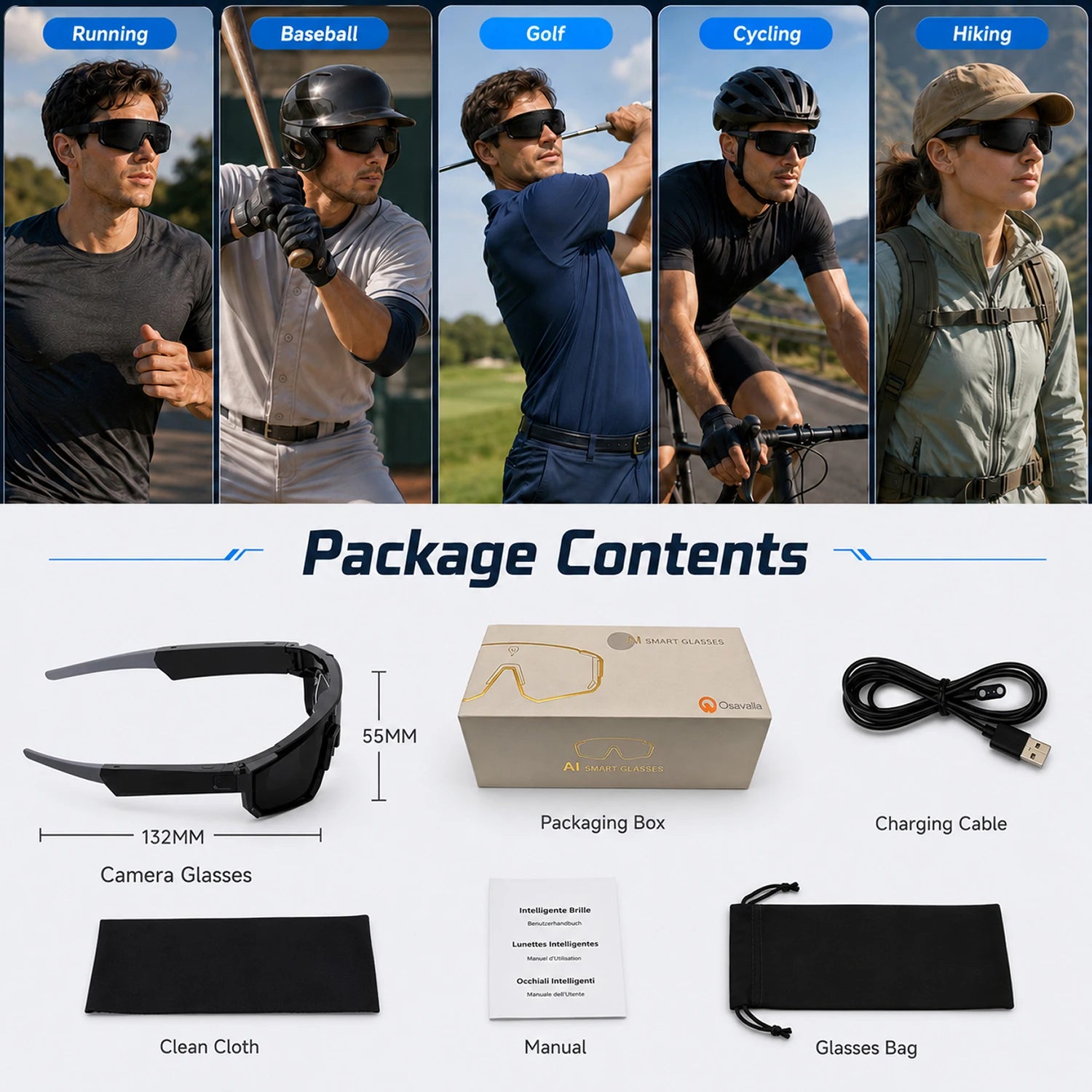2026 AI Smart Glasses for Men Camera 1200P Video ChatGPT AI Assistant Voice Translation 32GB Storage Outdoor Cycling Sunglasses