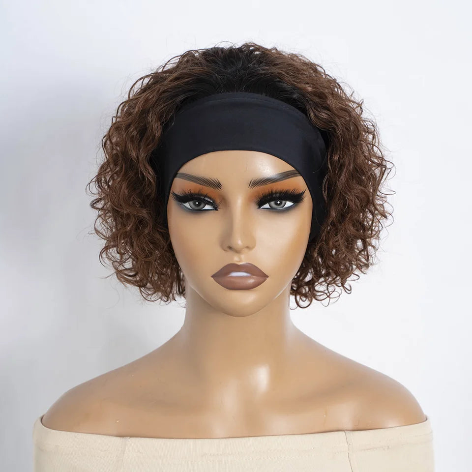 Headband Wig Human Hair Curly Wigs Brown Wear And Go Headband Wigs Glueless Wig With Elastic Band Pixie Cut Curly Human Wigs