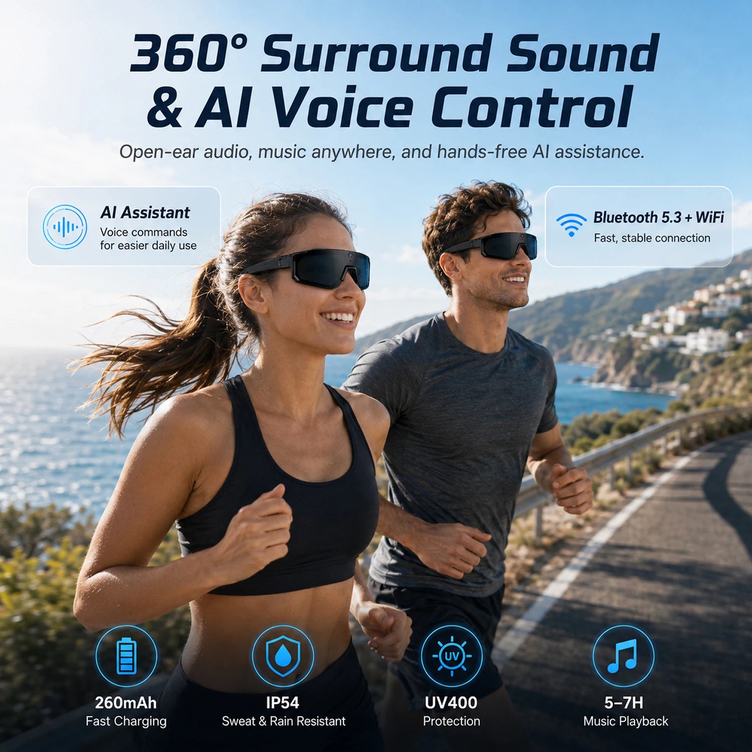 2026 AI Smart Glasses for Men Camera 1200P Video ChatGPT AI Assistant Voice Translation 32GB Storage Outdoor Cycling Sunglasses