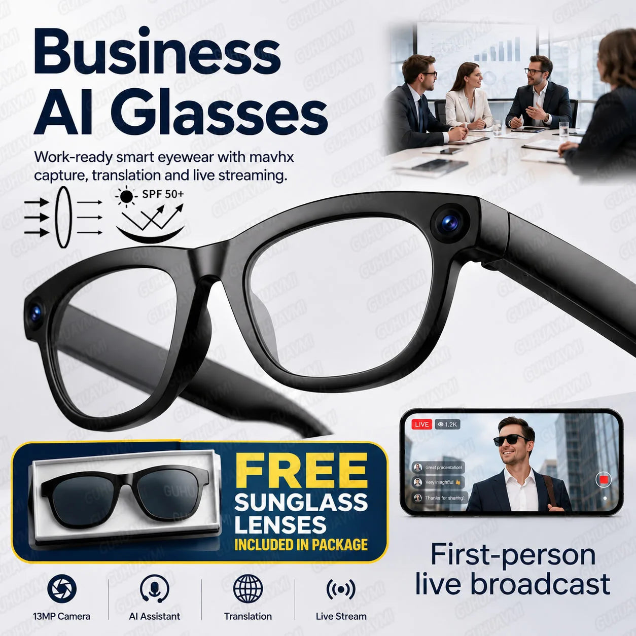 AI Glasses with 13MP POV Camera, Meeting Recording, Speech to Text, Smart Summary, Live Translation and Bluetooth Audio for Work