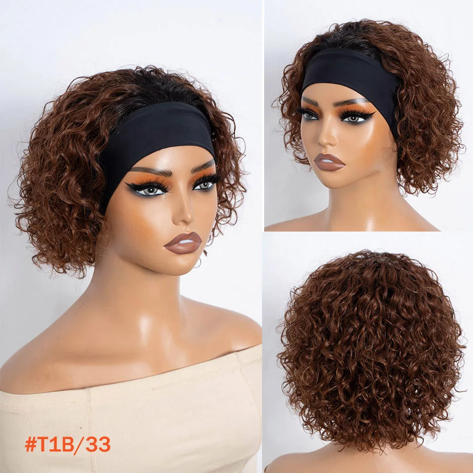 Headband Wig Human Hair Curly Wigs Brown Wear And Go Headband Wigs Glueless Wig With Elastic Band Pixie Cut Curly Human Wigs