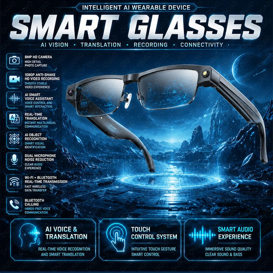 AI Smart Glasses Built-in HD Camera Dual Mic Noise Reduction WiFi Bluetooth Real-Time Transmission Object Recognition Glasses