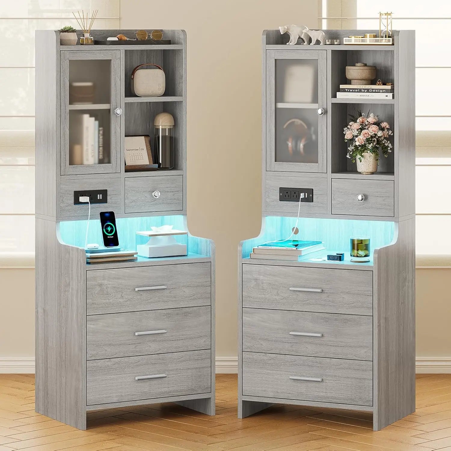 Grey Nightstand Set of 2 with Charging Station,49.2" LED Night Stand for Bedroom,Tall Bedside Table with Bookshelf, Customized