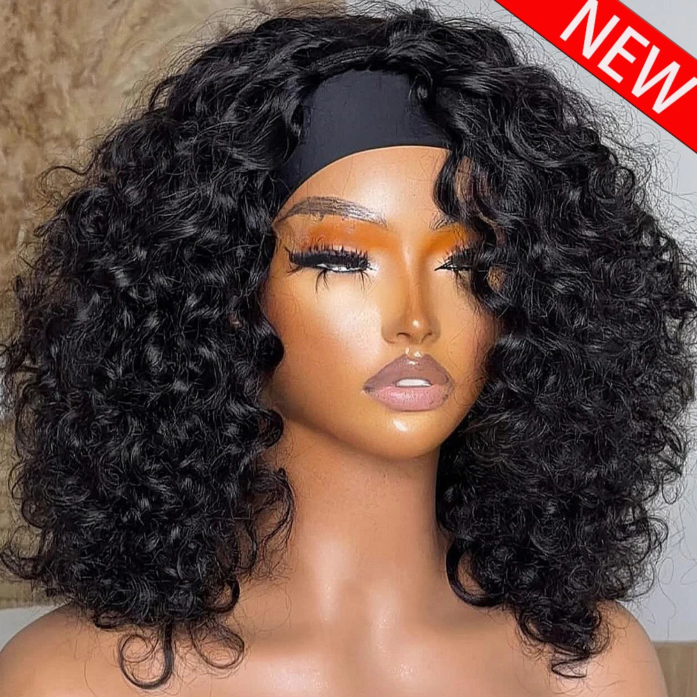 Headband Wig Human Hair Curly No Glueless Full Machine Made Wigs 400 Density 100% Human Hair Wigs For Women 10-18 Inch For Women