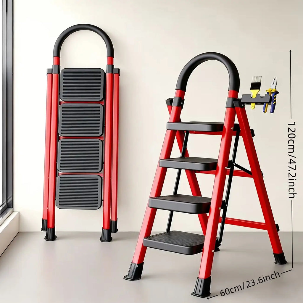 500lbs Load-Bearing Folding Step Ladder, Heavy-Duty Steel Portable Ladder With Anti-Slip Wide Treads, Convenient Handrails & Saf