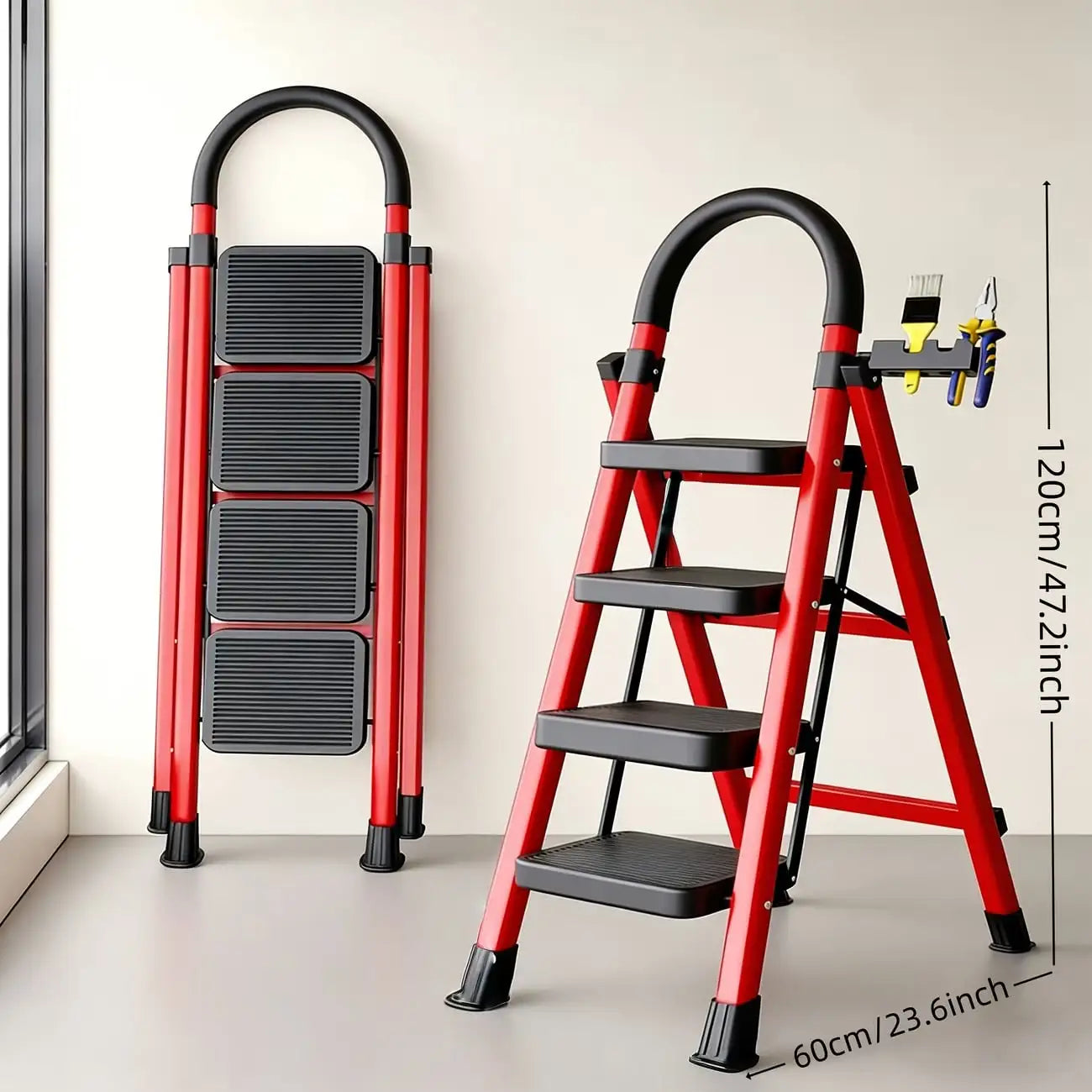 500lbs Load-Bearing Folding Step Ladder, Heavy-Duty Steel Portable Ladder With Anti-Slip Wide Treads, Convenient Handrails & Saf