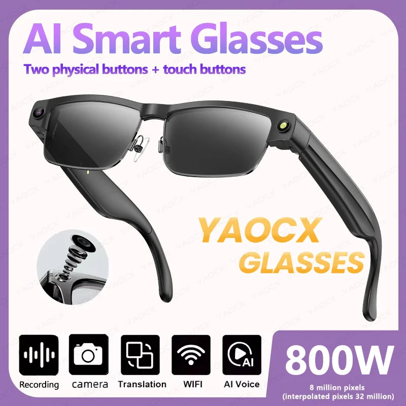 AI Smart Glasses Built-in HD Camera Dual Mic Noise Reduction WiFi Bluetooth Real-Time Transmission Object Recognition Glasses