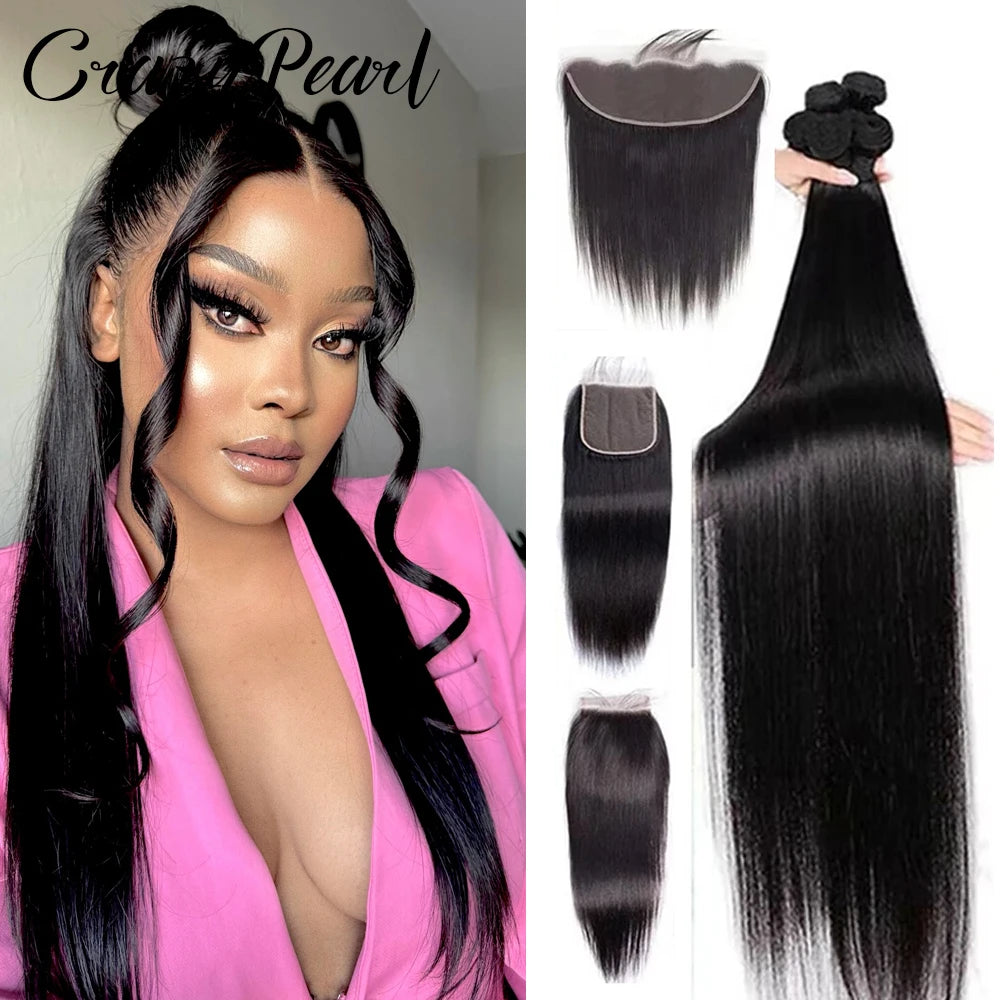Human Hair Bundles with Frontal Straight Weave Human Hair with 13X4 HD Lace Frontal Closure Unprocessed Brazilian Virgin Hair
