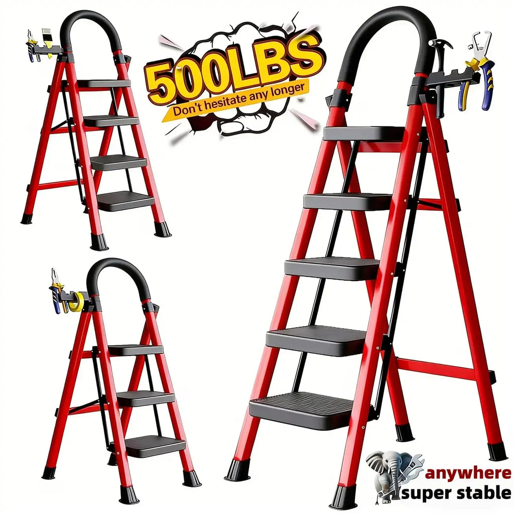500lbs Load-Bearing Folding Step Ladder, Heavy-Duty Steel Portable Ladder With Anti-Slip Wide Treads, Convenient Handrails & Saf