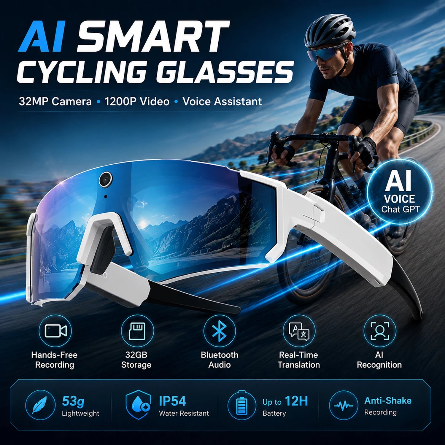 2026 AI Smart Glasses for Men Camera 1200P Video ChatGPT AI Assistant Voice Translation 32GB Storage Outdoor Cycling Sunglasses
