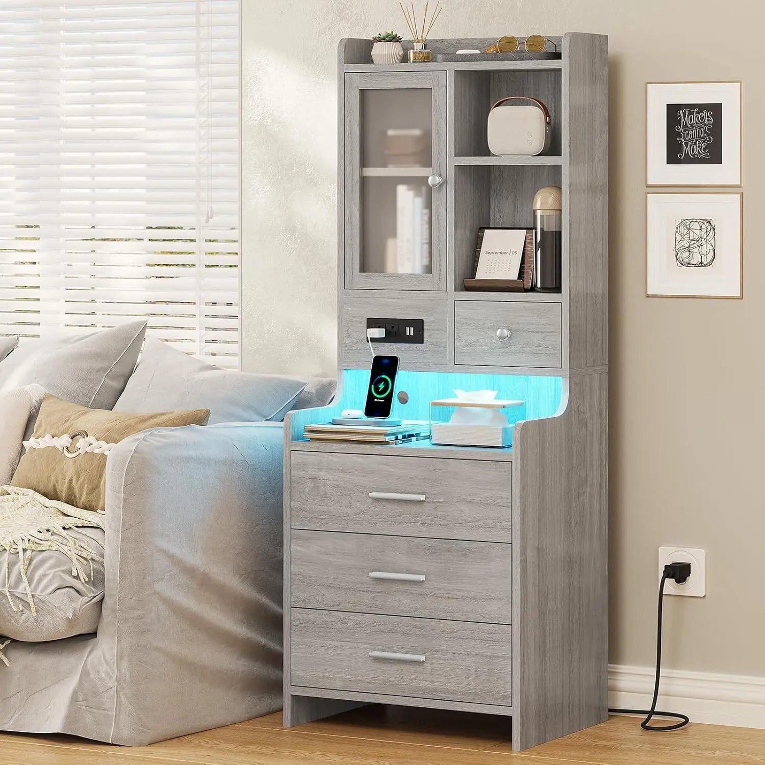 Grey Nightstand Set of 2 with Charging Station,49.2" LED Night Stand for Bedroom,Tall Bedside Table with Bookshelf, Customized