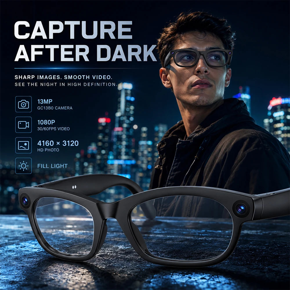 2026 New AI Smart Glasses 13MP Camera 1080P Video WiFi 6 Visual Recognition Translation Eyewear 32GB Storage Support
