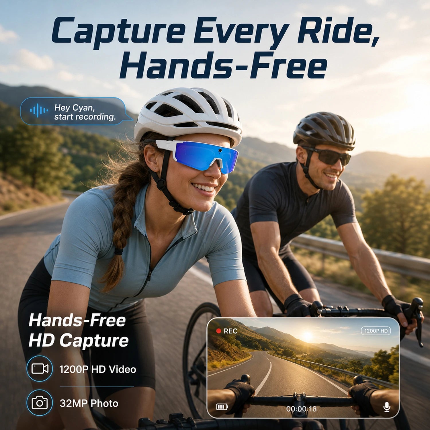 2026 AI Smart Glasses for Men Camera 1200P Video ChatGPT AI Assistant Voice Translation 32GB Storage Outdoor Cycling Sunglasses