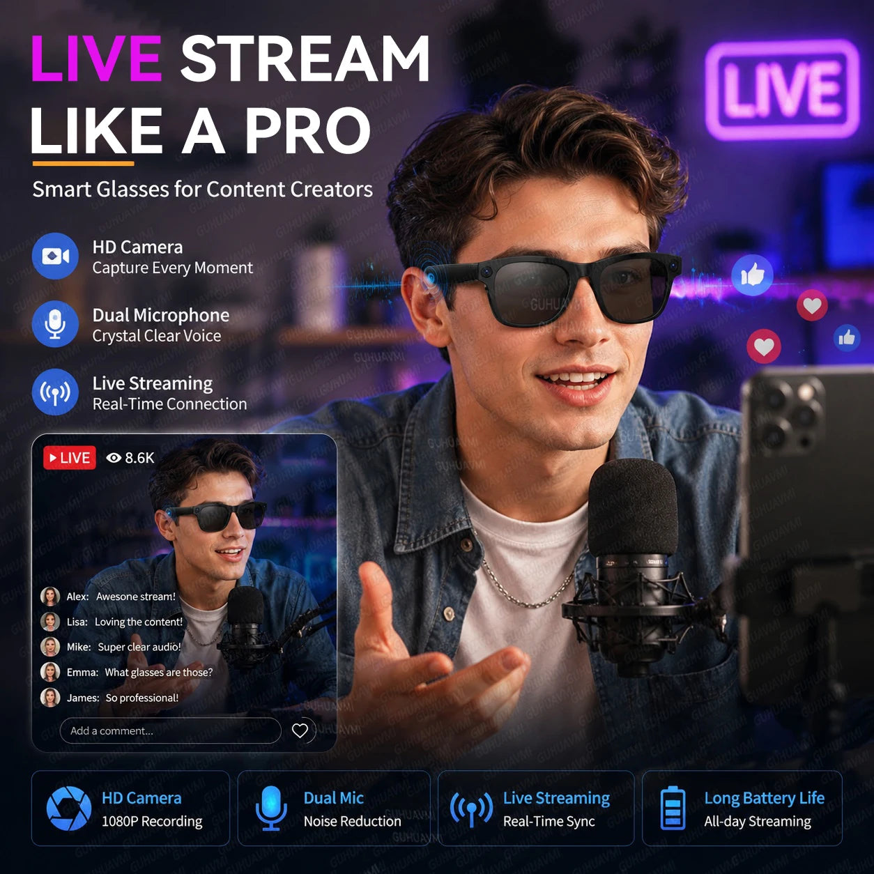 2026 AI Smart Glasses with 1300W Pixel Camera Live Streaming 130+Language Translation ChatGPT 32GB Music Call Glasses Men Women