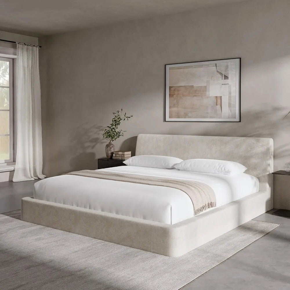 Cloud King Size Bed Frame with Ergonomic Angled Foam Cushioned Headboard, Minimalist Design Platform Bed Frame, Customized