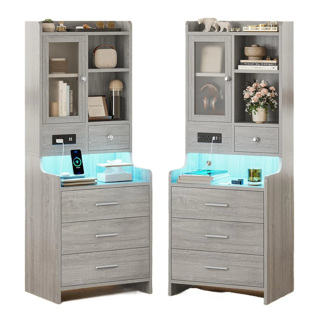 Grey Nightstand Set of 2 with Charging Station,49.2" LED Night Stand for Bedroom,Tall Bedside Table with Bookshelf, Customized