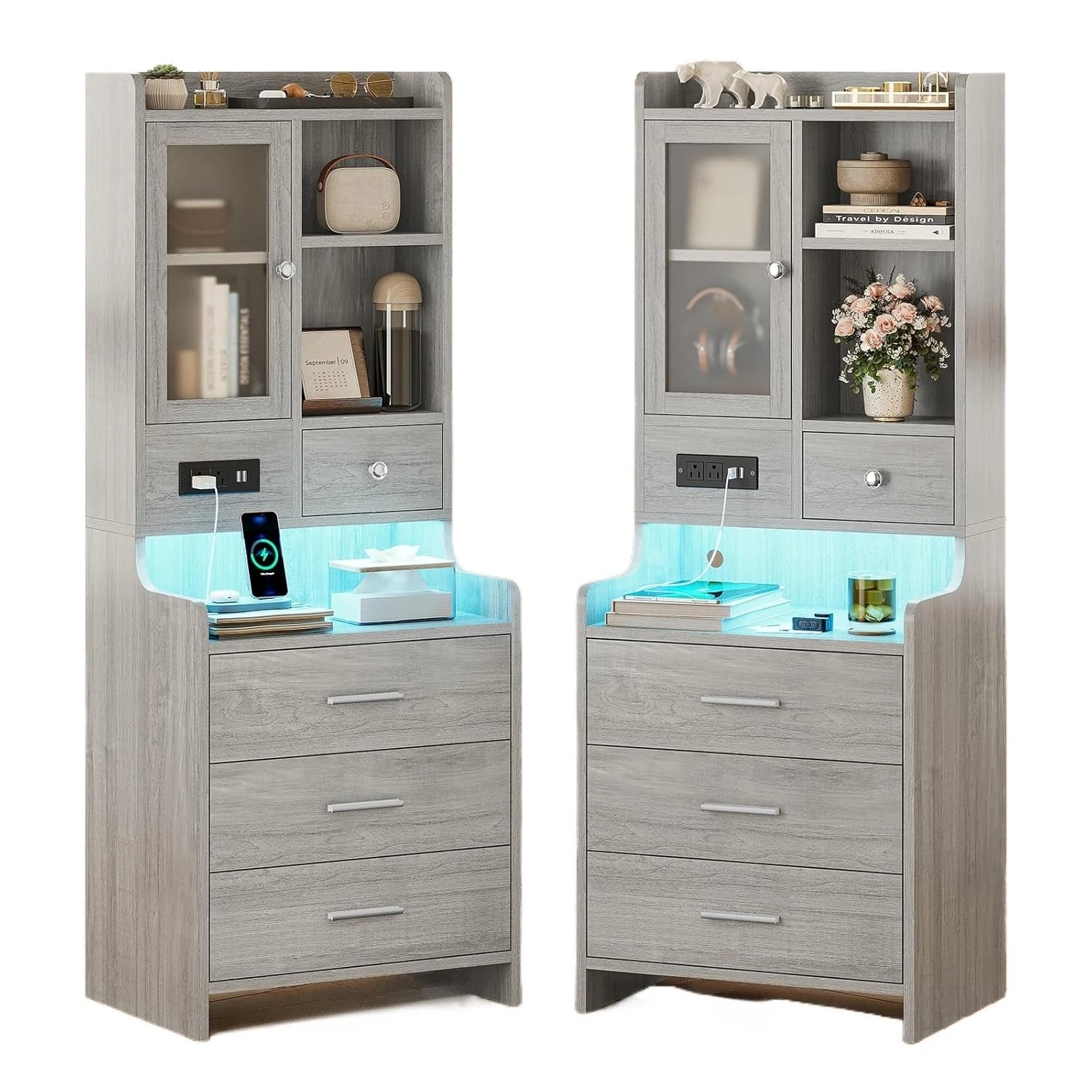 Grey Nightstand Set of 2 with Charging Station,49.2" LED Night Stand for Bedroom,Tall Bedside Table with Bookshelf, Customized