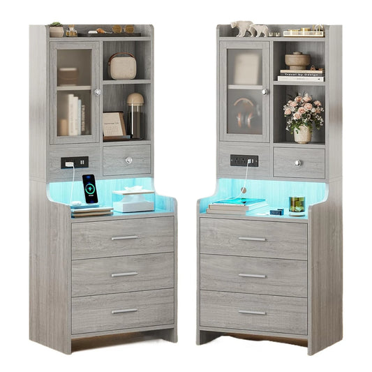 Grey Nightstand Set of 2 with Charging Station,49.2" LED Night Stand for Bedroom,Tall Bedside Table with Bookshelf, Customized
