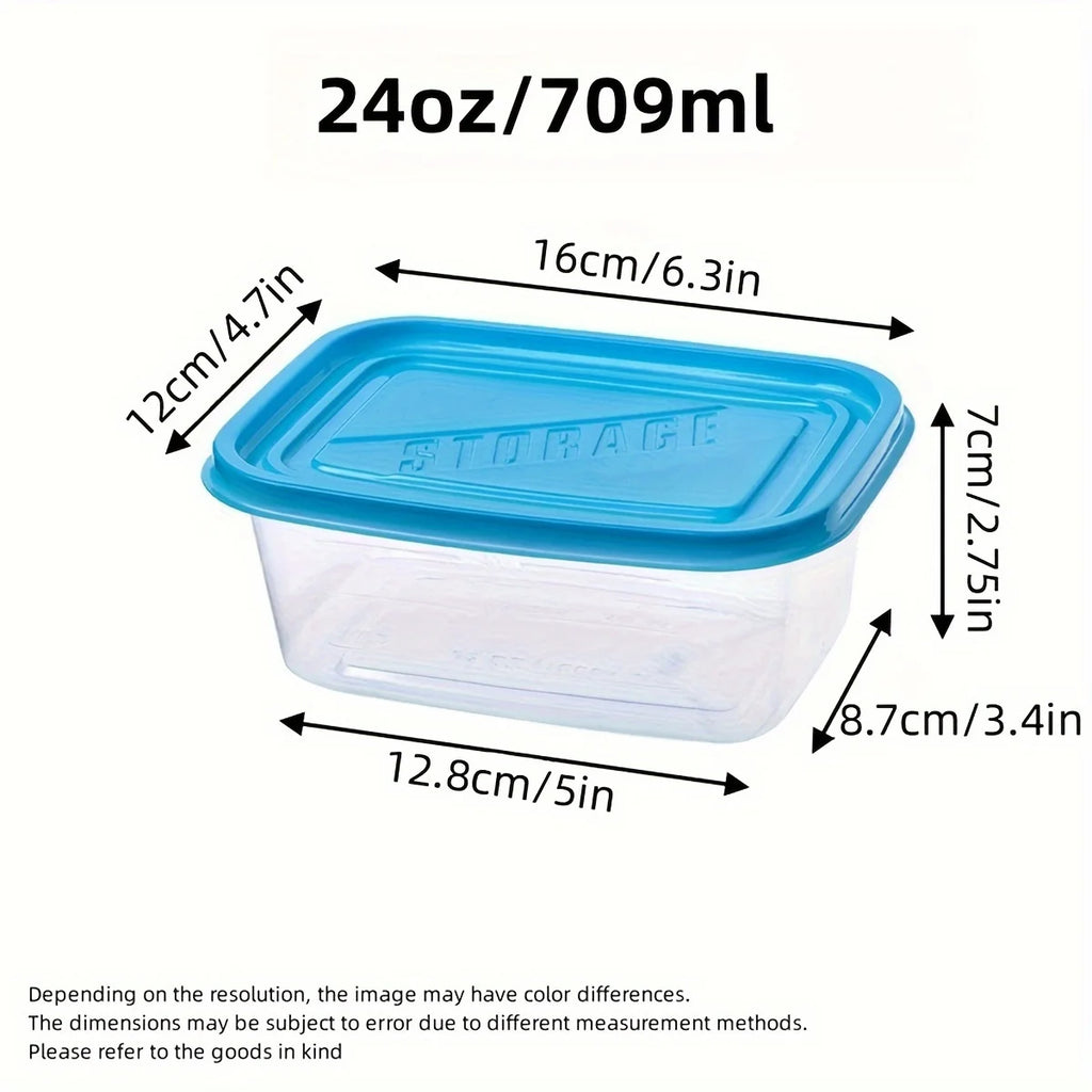 A Set of 6 Transparent Stackable Plastic Food Storage Containers with Blue Lids and Measurement Markings—Reusable, Dishwasher Sa