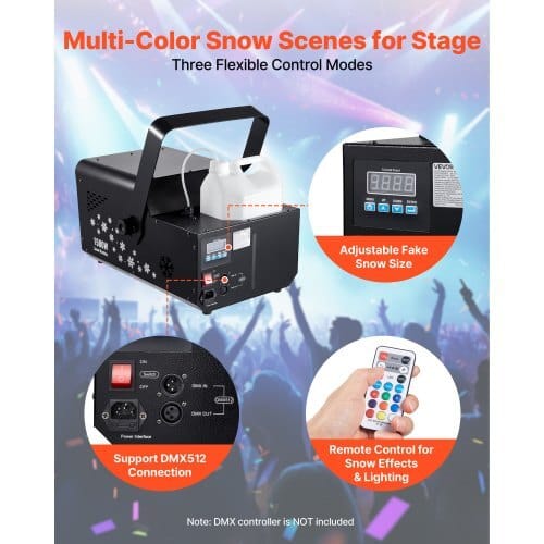 1500W Snow Machine with RGB DMX512 Signal Control, 9 LED Lights, Wireless Remote