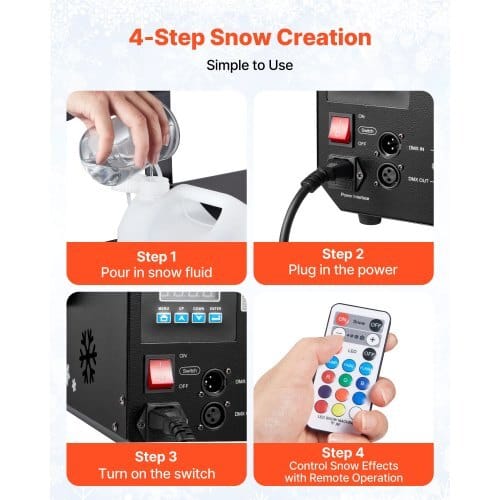 1500W Snow Machine with RGB DMX512 Signal Control, 9 LED Lights, Wireless Remote