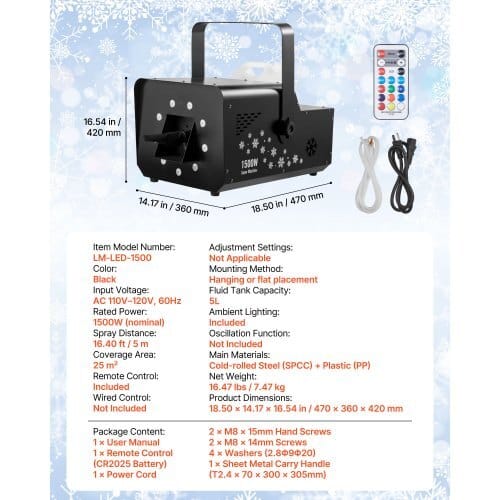 1500W Snow Machine with RGB DMX512 Signal Control, 9 LED Lights, Wireless Remote