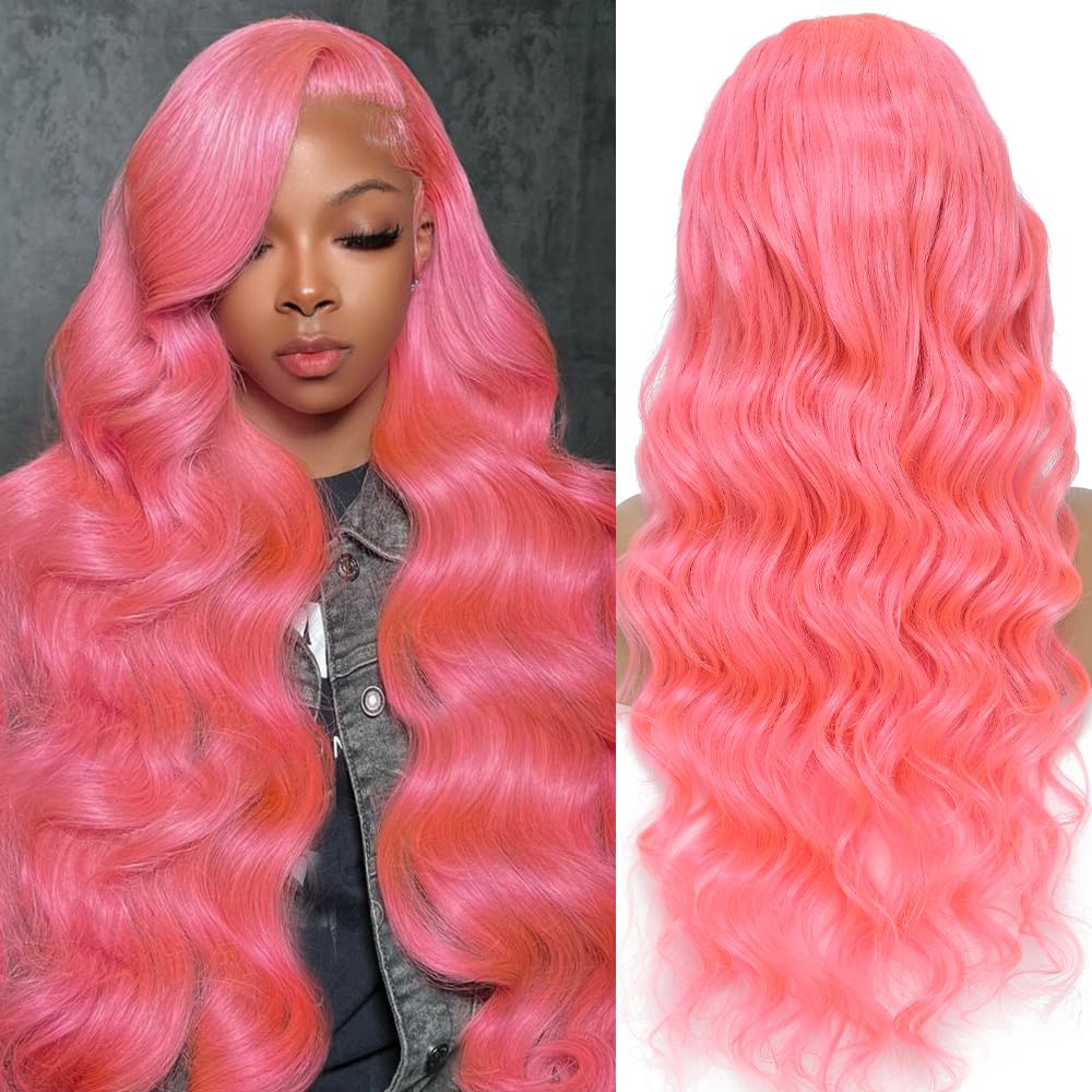 KEGOO 30 Inch Pink Lace Front Wig Human Hair 13x4 Pink Human Hair Wig 200% Density Body Wave HD Lace Front Wigs Human Hair Pre Plucked Pink Lace Frontal Colored Wigs Human Hair Pink Wig Human Hair