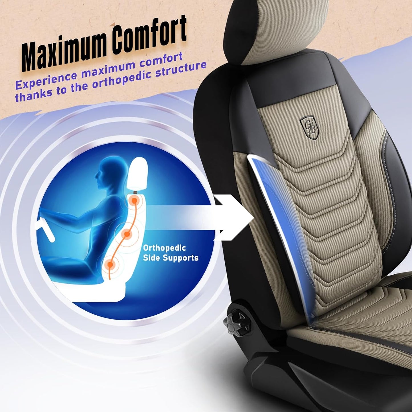 Premium Car Seat Covers Front Seat - Piqué Fabric Car Seat Cover for SUV, Cars, Most Pickups, Beige-Black, Car Seat Protector, Car Seat Covers Front Seats, Car Seat Protector