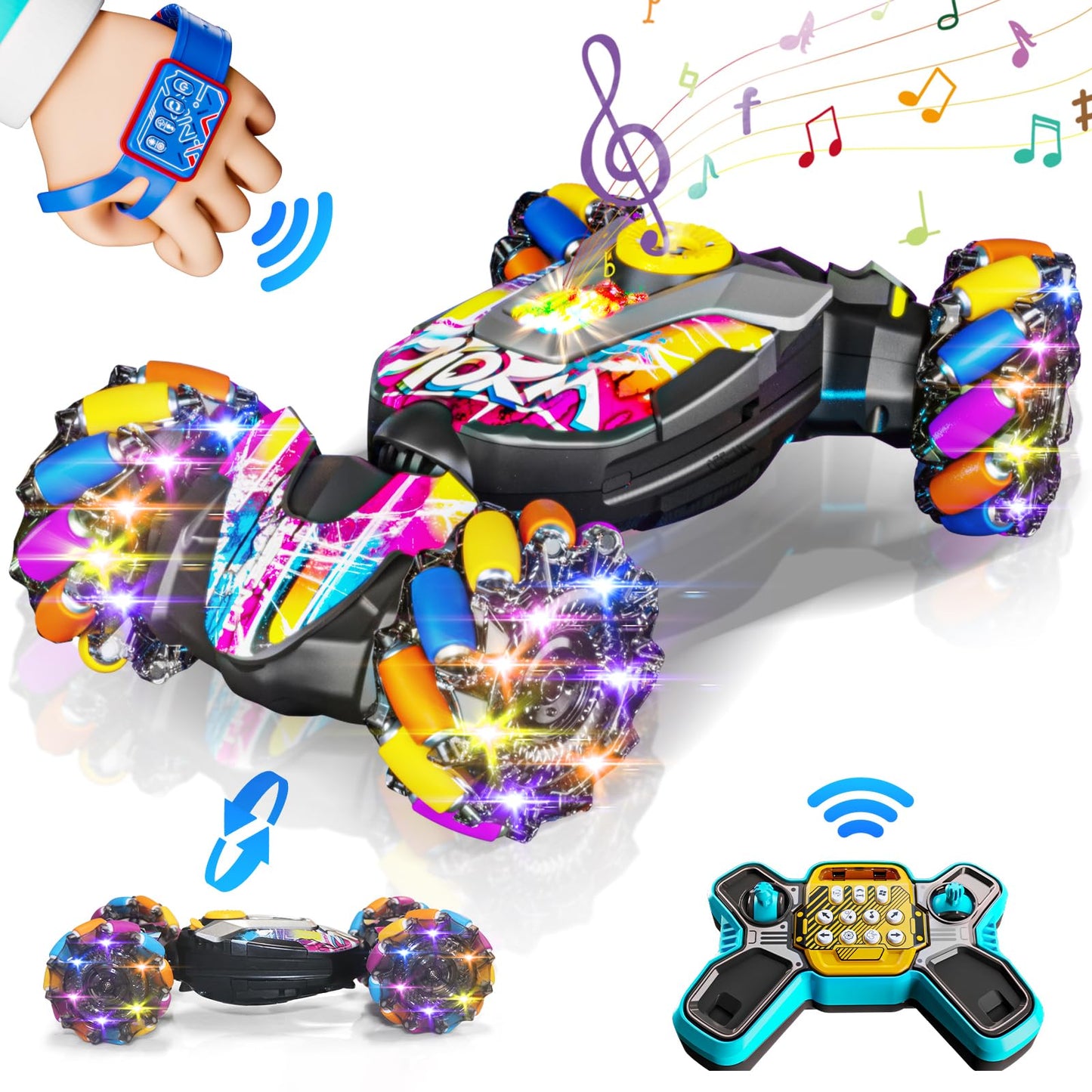 RC CarsGesture Sensing RC Stunt Car with Light & MusicCustom Command Operation4WD45° Driving360° Rotating2.4Ghz Remote Control Twist Car Toys for Kids Boys Age 4 5 6 7 8 9 10 11 12 Years Old