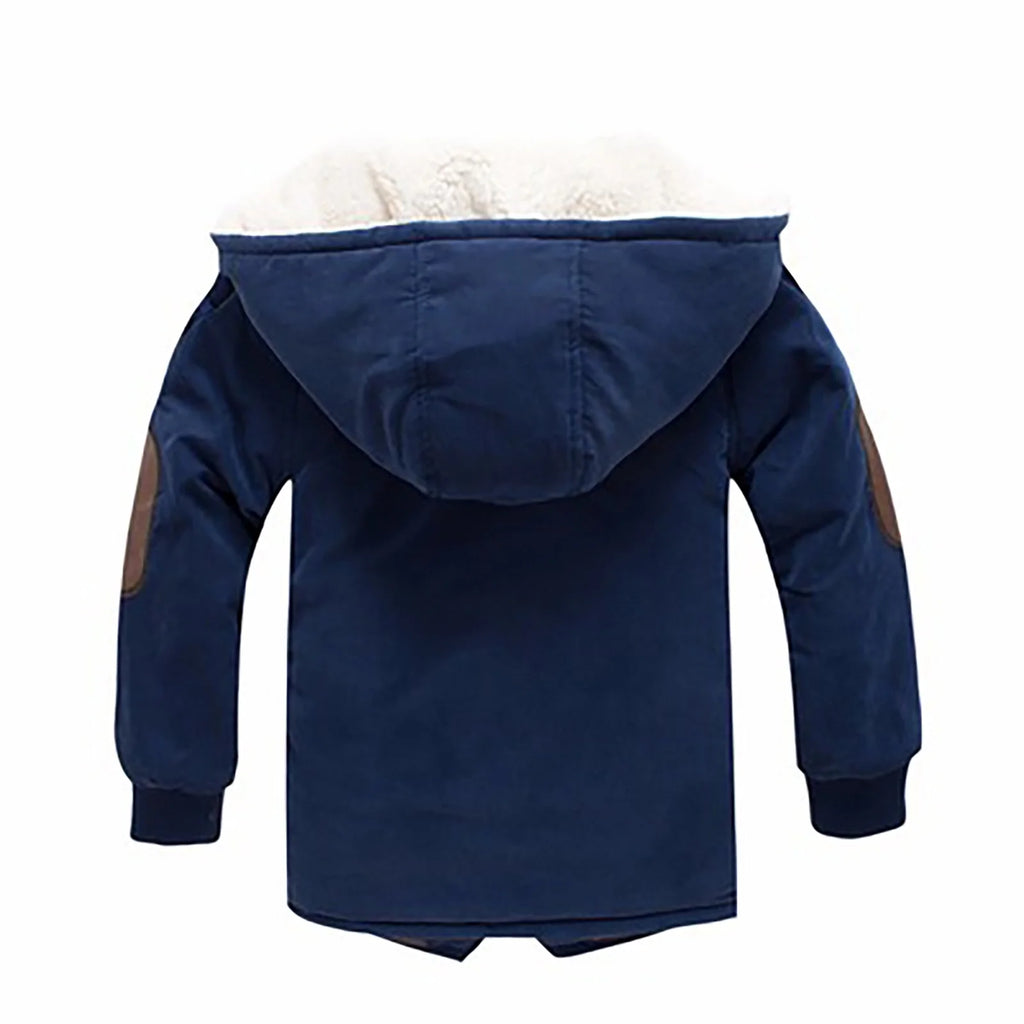 Boys Cotton-Padded with Thick Fleece Hooded Mid-Length Cotton Jacket