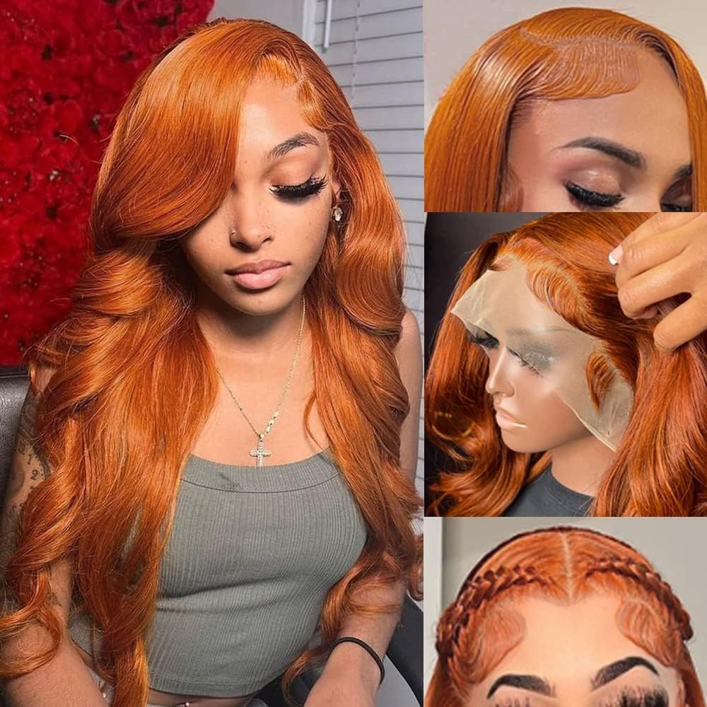 QZOQZO Ginger Lace Front Wigs Human Hair Body Wave 13x4 Transparent HD Lace Frontal Wigs Pre Plucked with Baby Hair for Black Women Human Hair Glueless Colored Wigs 24 inch