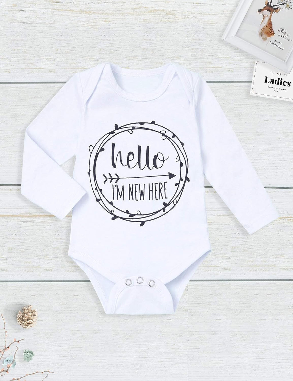 KANGKANG Newborn Baby Girl Clothes Hi I'M New Here Newborn Outfit Infant Romper Floral Pants Cute Baby Girl Outfits 4PC Set