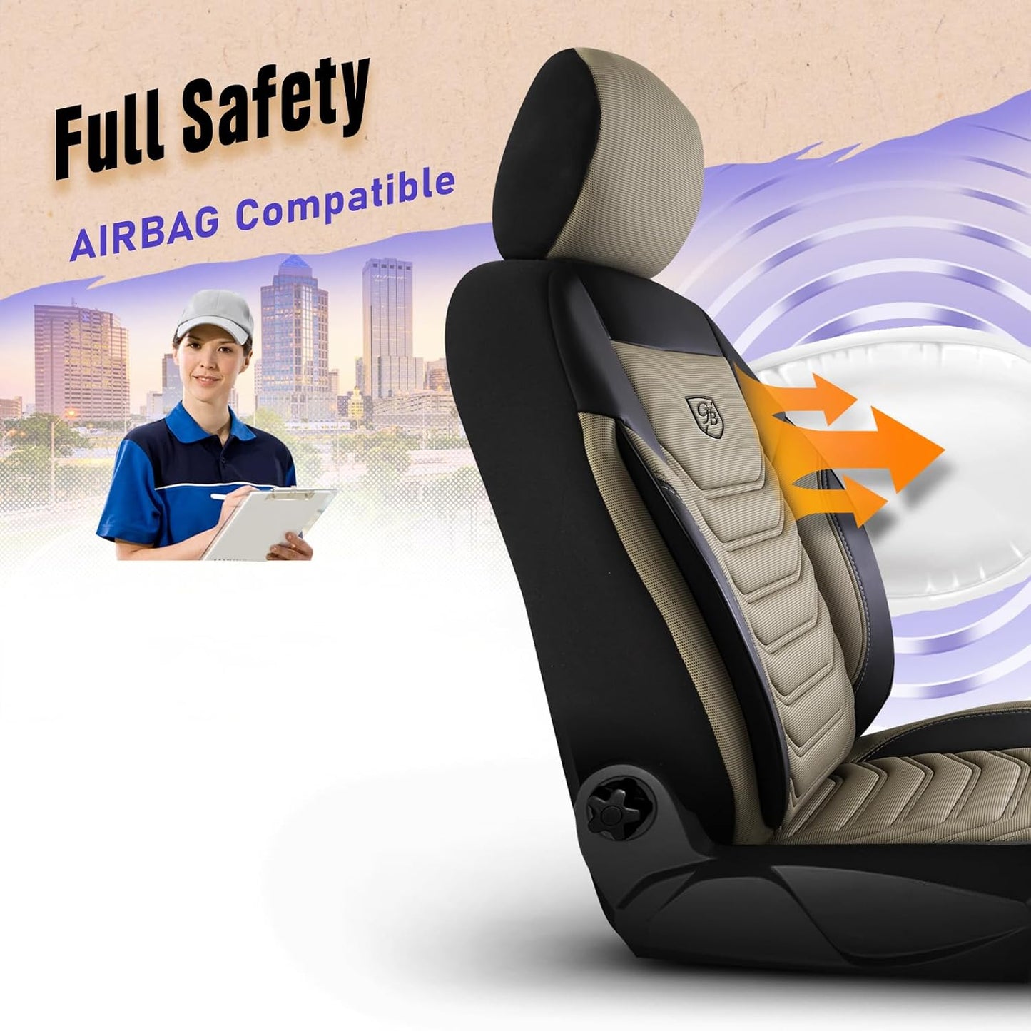 Premium Car Seat Covers Front Seat - Piqué Fabric Car Seat Cover for SUV, Cars, Most Pickups, Beige-Black, Car Seat Protector, Car Seat Covers Front Seats, Car Seat Protector